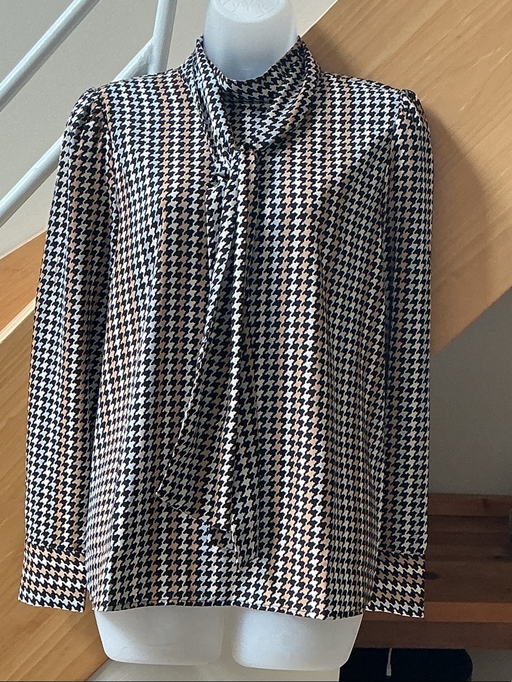 Ann Taylor Black and White Houndstooth Tie-Neck Blouse
